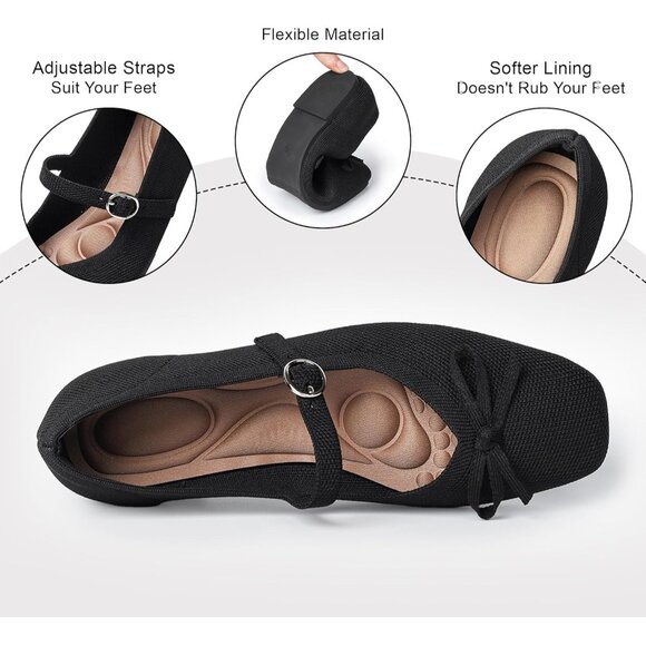 Women Black Fabric Upper And Rubber Sole Casual Ballet Flats With Ankle Strap - Picture 3 of 6